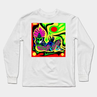 mayan alien mask in air shoes floral clothing style in mexican ecopop wall art Long Sleeve T-Shirt